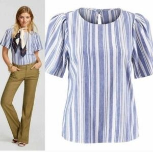 CAbi Wing Blue White Striped Linen Blend Blouse Size Small  Short Sleeves